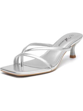 Women's Silver Strappy Kitten Heels Flip Flops Square Open Toe Low Heels Fashion